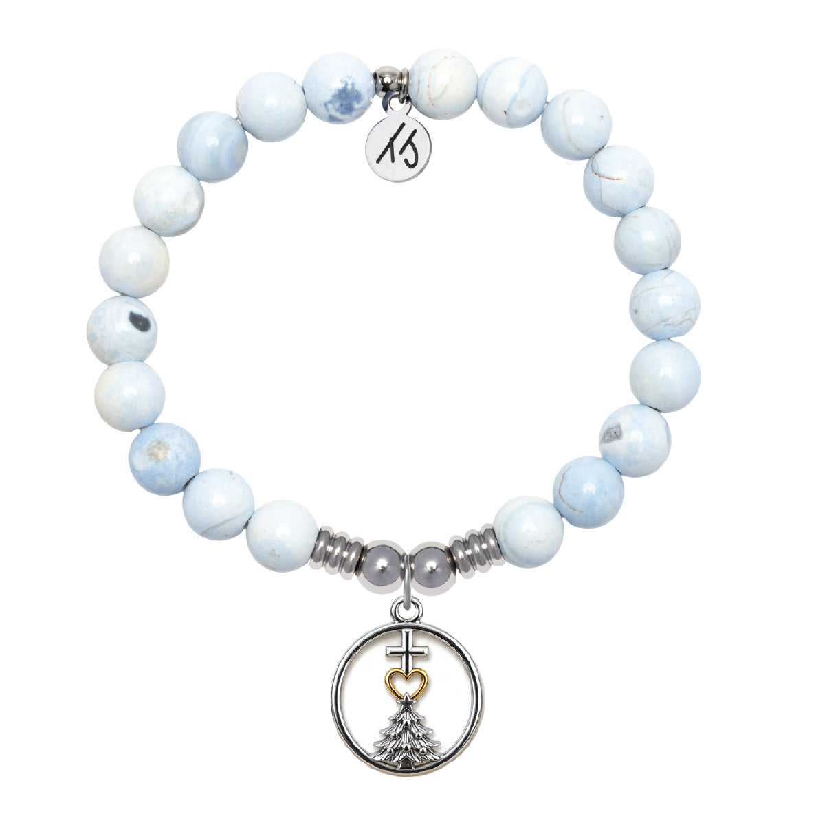 Faith Family Christmas Charm with Light Blue and White Agate Gemstone Bracelet