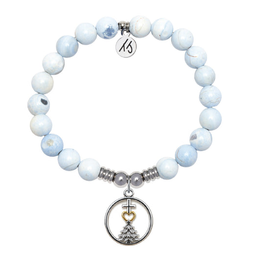 Faith Family Christmas Charm with Light Blue and White Agate Gemstone Bracelet