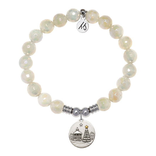 Small Town Christmas Charm with Light Blue and White Agate Gemstone Bracelet